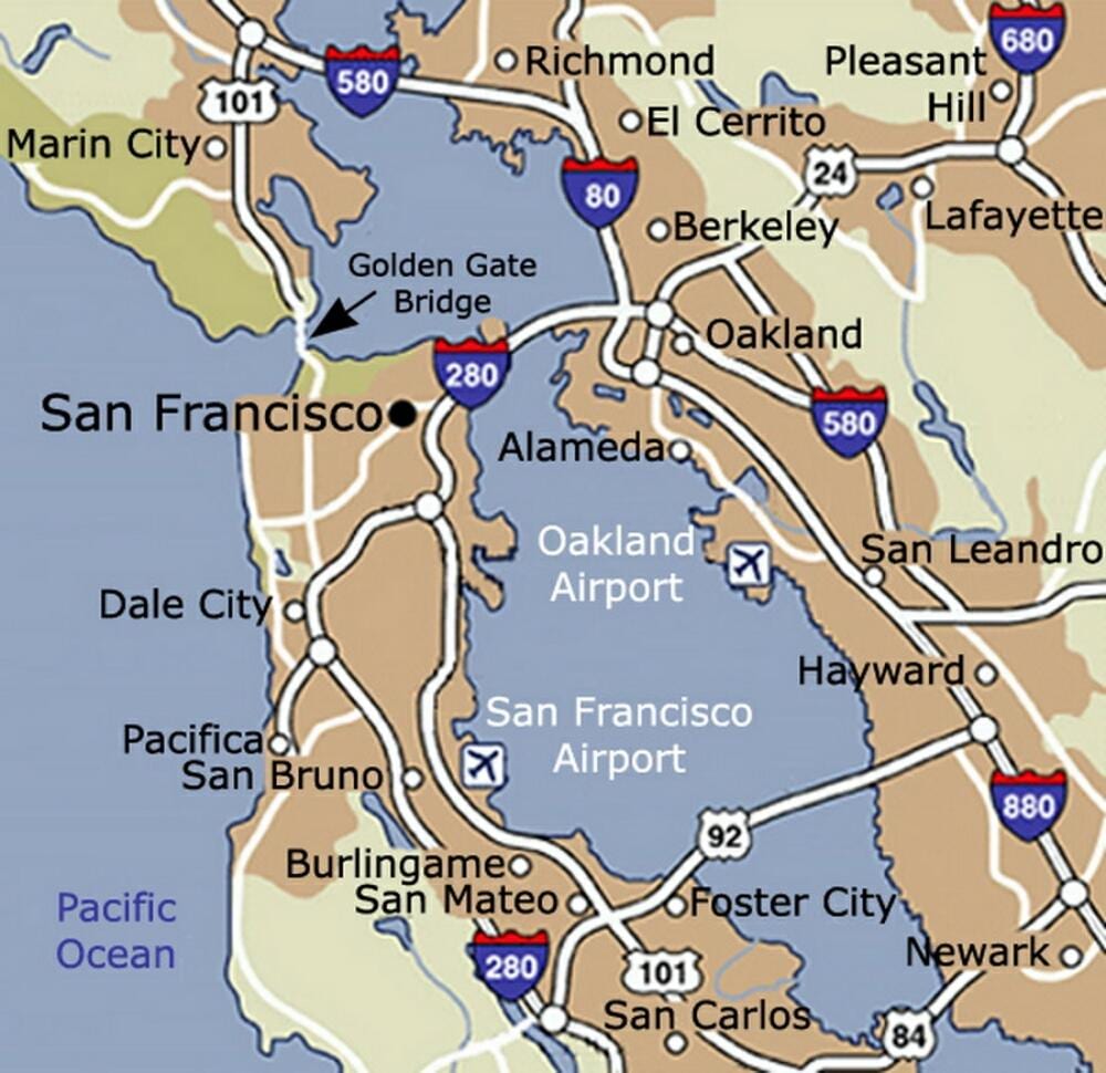 Carte de l'aéroport de San Francisco et ses environs