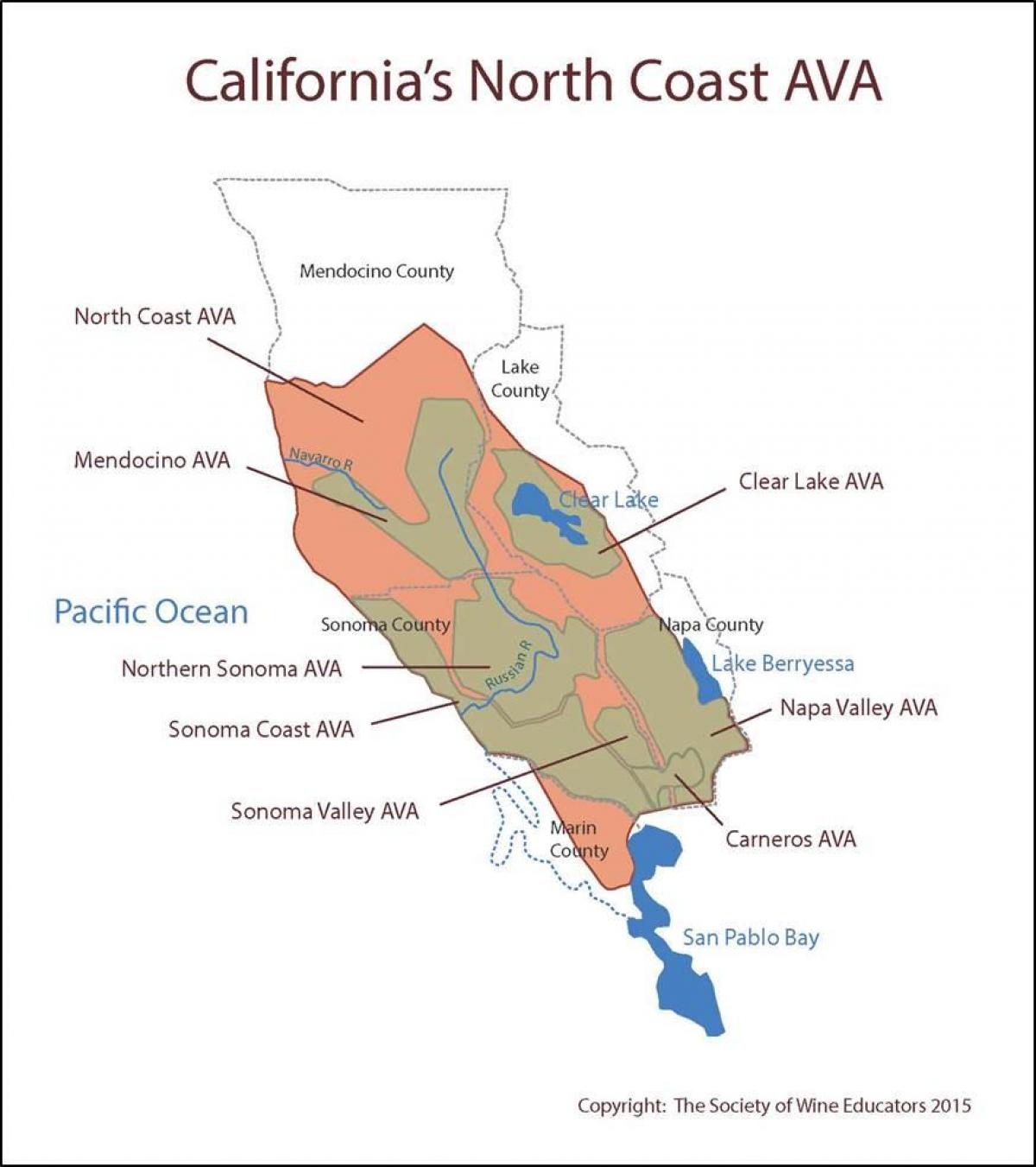 Carte de la côte de la californie au nord de San Francisco