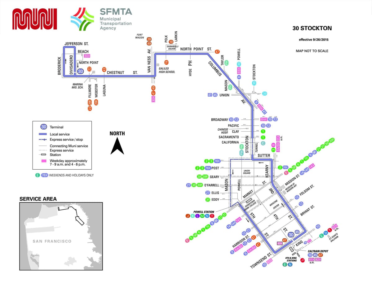 San Francisco de bus à 30 carte de l'itinéraire