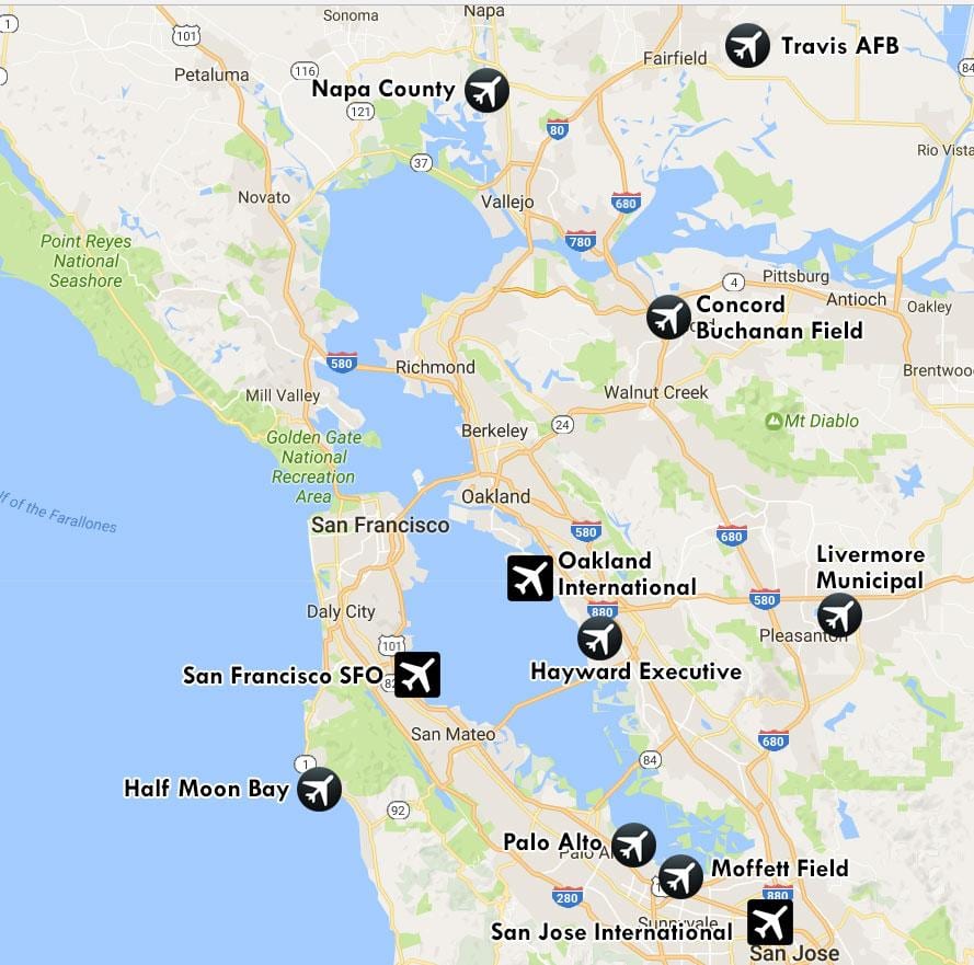 les aéroports à proximité de San Francisco carte