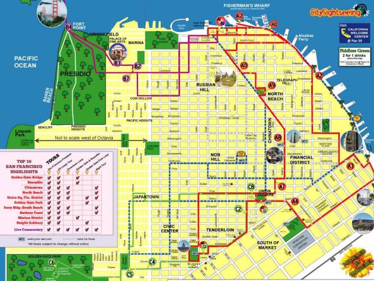 Carte de visite de la ville de San Francisco itinéraire